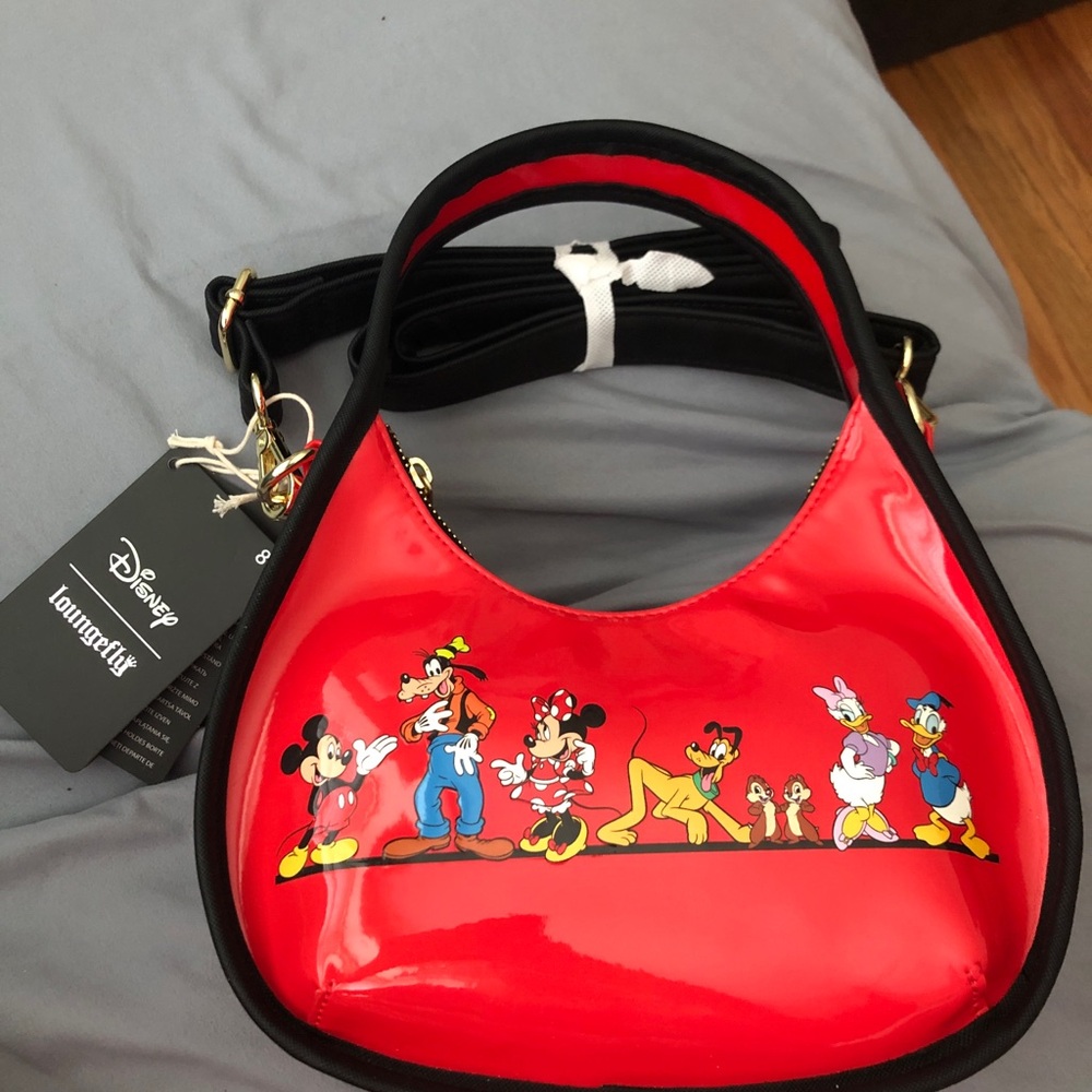 Loungefly Red Patent Shoulder Bag with Disney Character Lineup